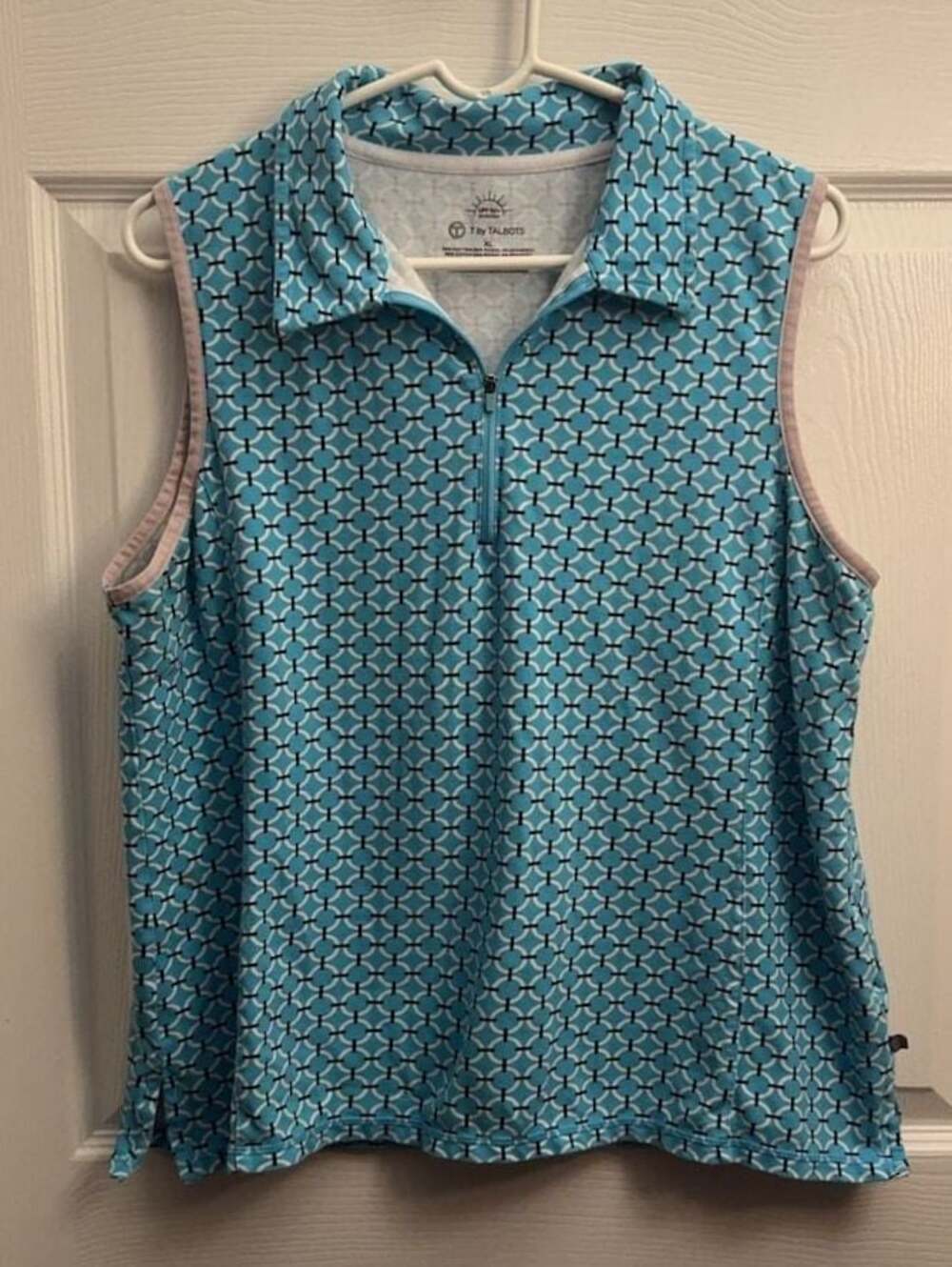 T by Talbots UPF 50+ Sleeveless Polo in Linked Geo Pattern Turquoise